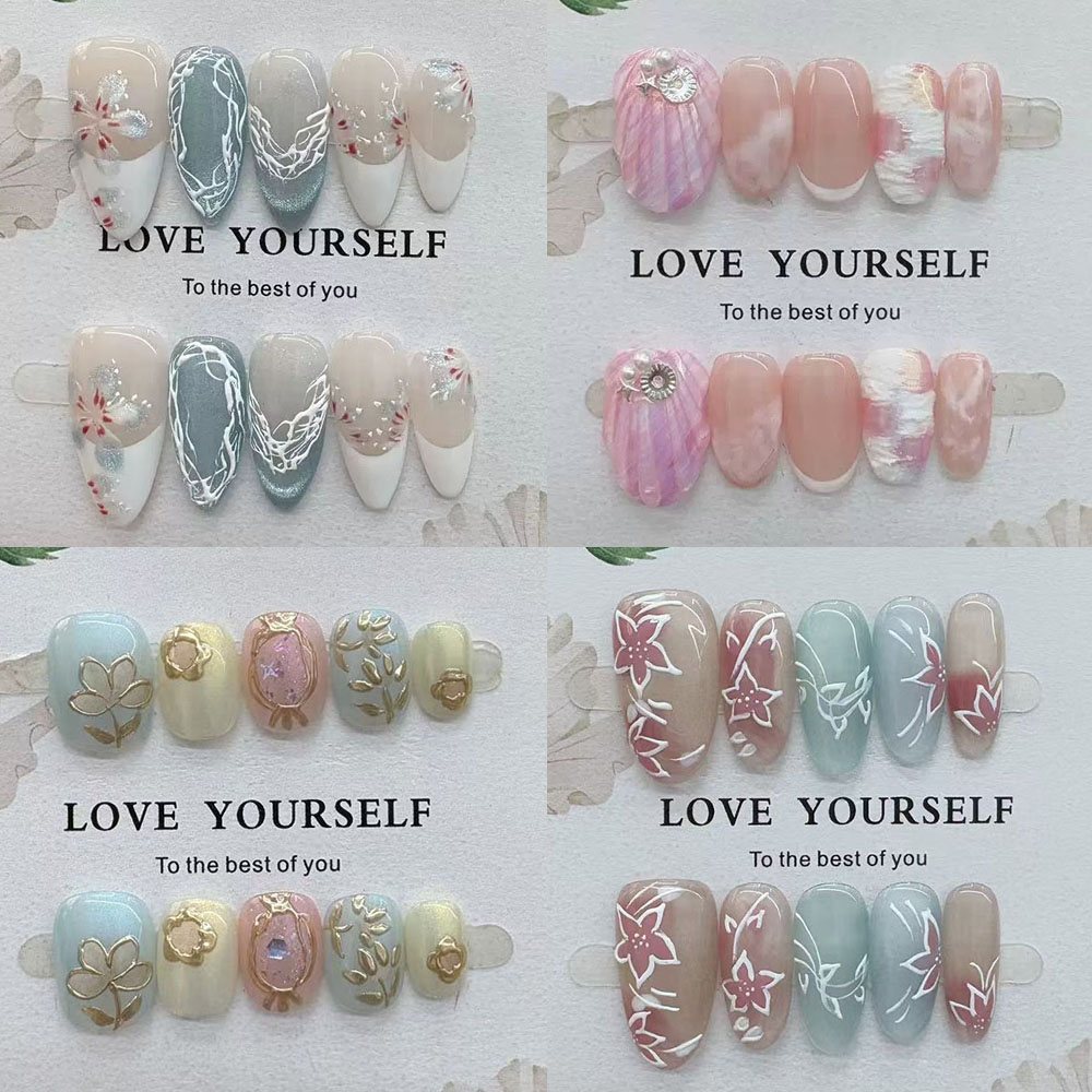 Nail Art Elegant - Zachte elegante handgetekende bloem amandel nepnagels